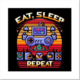 EAT SLEEP,  GAME REPEAT in retro futuristic style Posters and Art